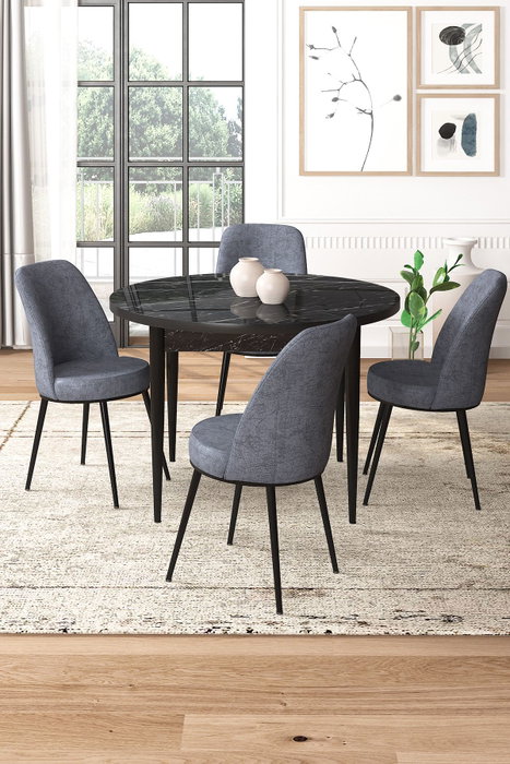 Hanah Home Juego de Mesa y Sillas de Comedor 5 Piezas Tor Black Marble Fume Mármol Negro y Sillas Humo